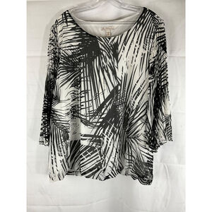 D.B. Sport Women's 2X Black White Palm Print Blouse 100% Polyester Long Sleeve N